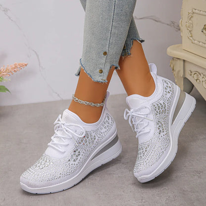 Breathable Mesh Rhinestone Wedge Athletic Sneakers Sky Blue