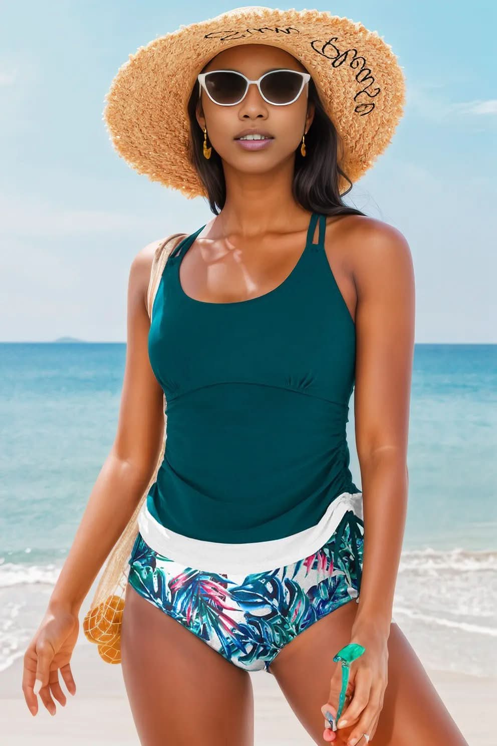 Mineral Red Drawstring Tummy Control Mix-and-match 2pcs Tankini Swimsuit Sea Green 82%Polyamide+18%Elastane