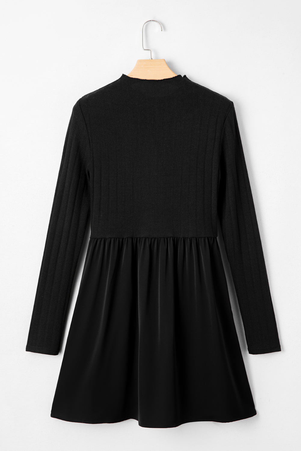 Black Frilled Neck Ribbed Knit Patchwork Long Sleeve Mini Dress Black 97%Polyester+3%Elastane