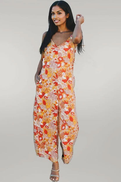 Orange Floral V Neck Wide Leg Sleeveless Jumpsuit Orange 100%Polyester