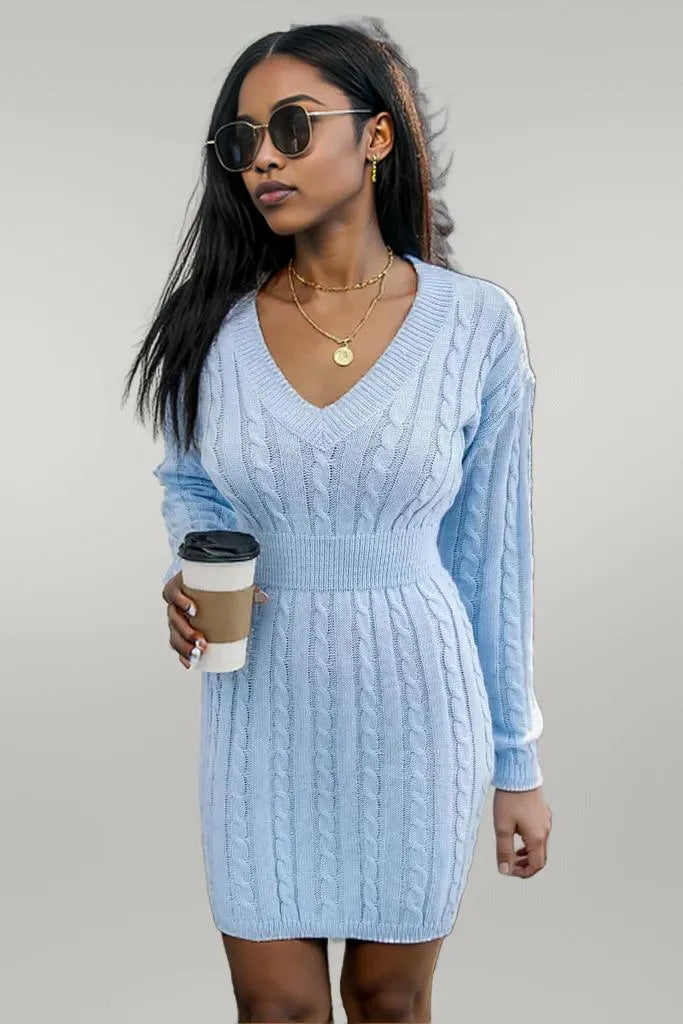 Cable-Knit V-Neck Long Sleeve Mini Sweater Dress Misty Blue