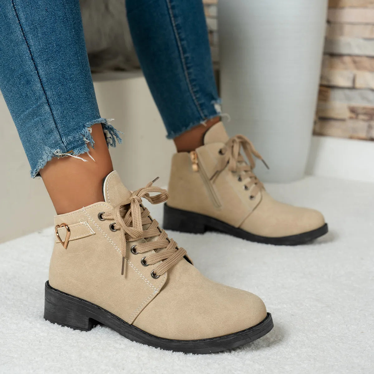 Lace-Up Ankle Boots with Heart Charm Detail