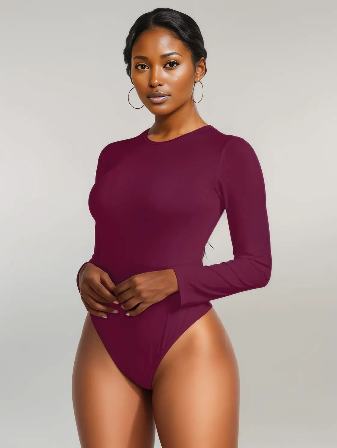 Round Neck Long Sleeve Bodysuit Burgundy