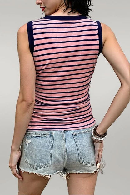 Pink Stripe Contrast Round Neck Sleeveless Slim Top