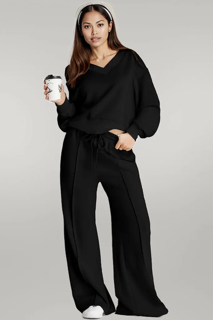 V-Neck Long Sleeve Top and Pants Active Set Black