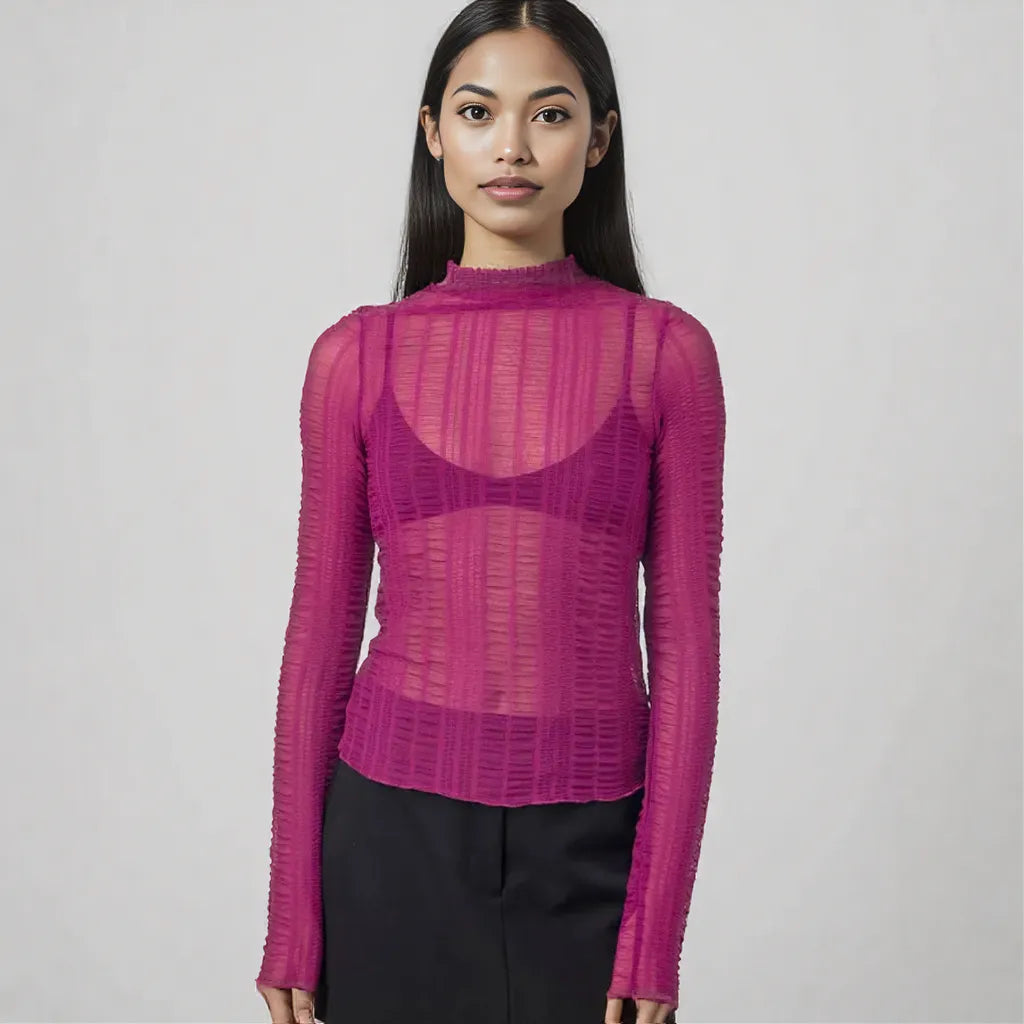 Sexy Hollow Out Long Sleeve Round NeckSlim Fit Base Shirt Rose Red