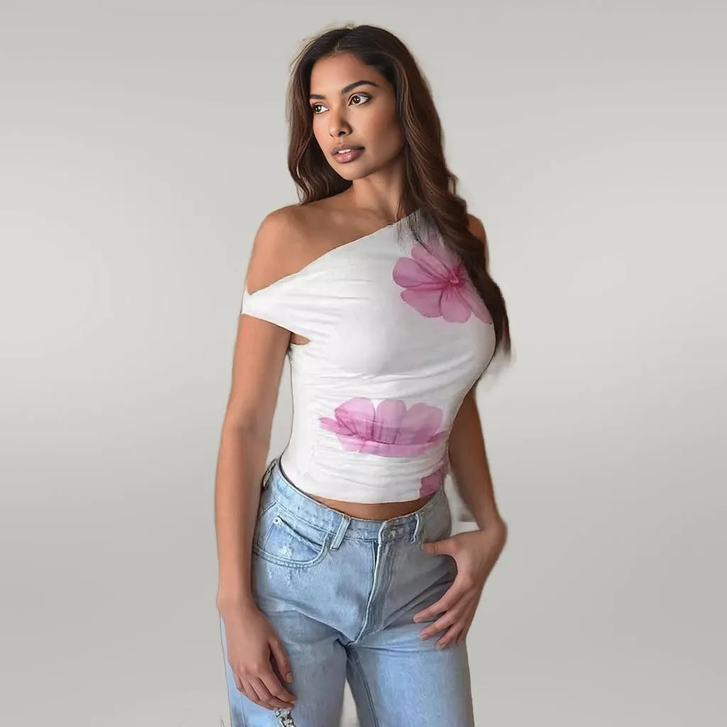 Asymmetric Neck Short Top Waist-Cinching Design Tank Top