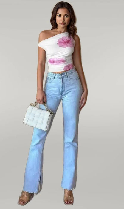Asymmetric Neck Short Top Waist-Cinching Design Tank Top