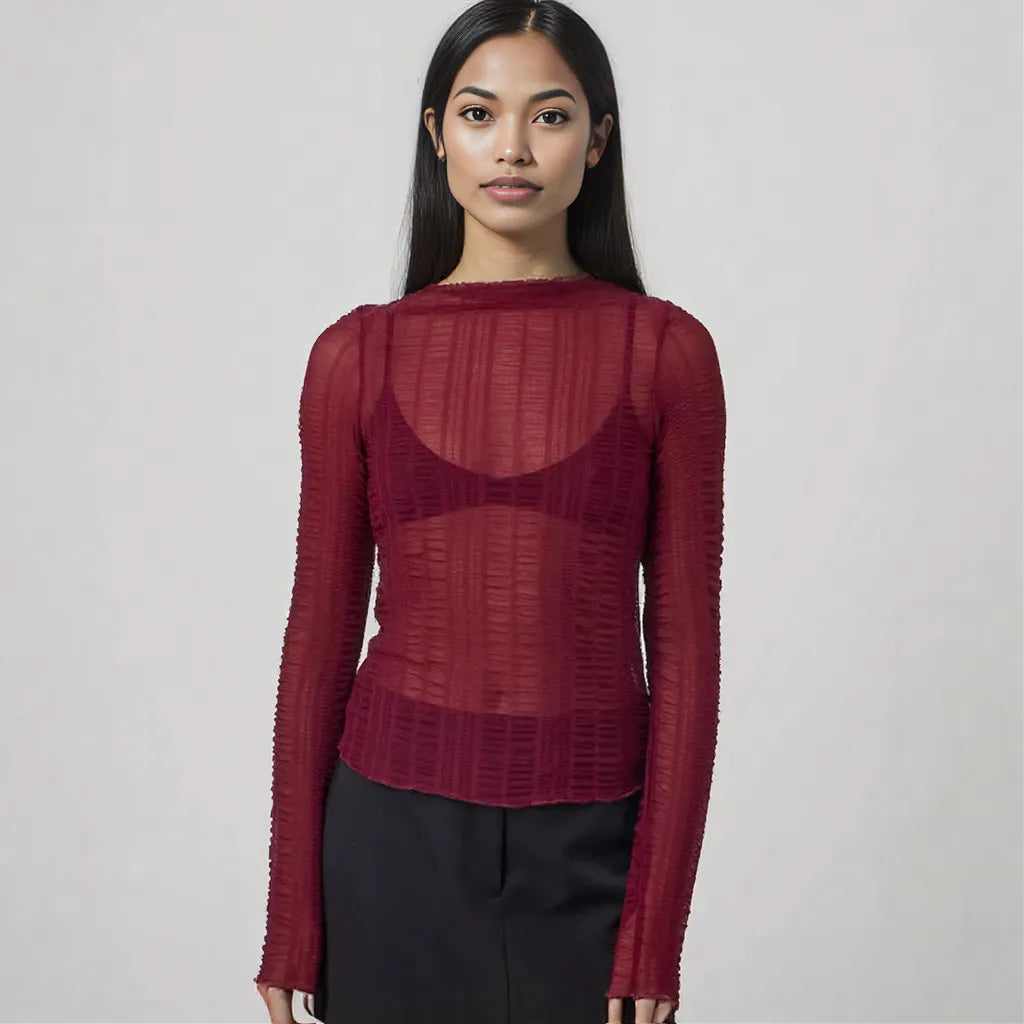 Sexy Hollow Out Long Sleeve Round NeckSlim Fit Base Shirt Wine Red