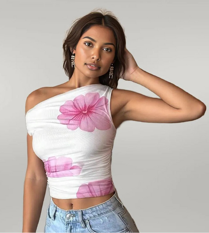 Asymmetric Neck Short Top Waist-Cinching Design Tank Top