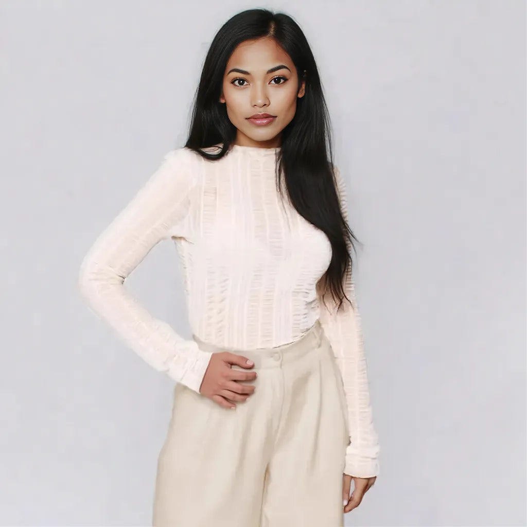 Sexy Hollow Out Long Sleeve Round NeckSlim Fit Base Shirt White
