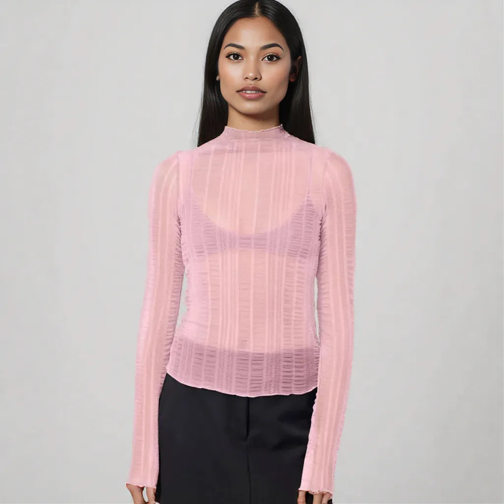 Sexy Hollow Out Long Sleeve Round NeckSlim Fit Base Shirt Pink