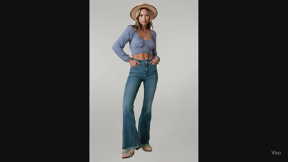 Square Neck Back Tie Puff Long Sleeve Crop Top