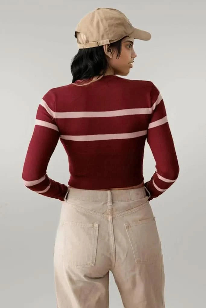 Stripe Long Sleeve Crop Knit Top
