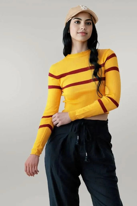 Stripe Long Sleeve Crop Knit Top Yellow